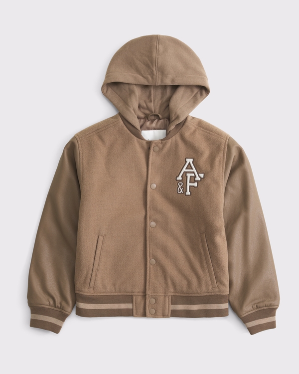 hooded logo bomber jacket, Brown view 1