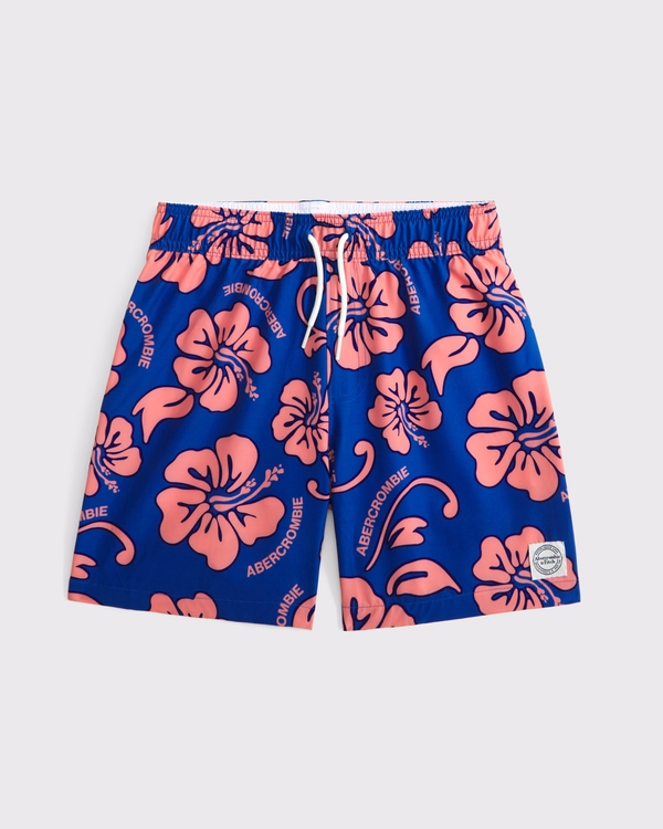logo swim trunks, Blue Orange Hibiscus view 1
