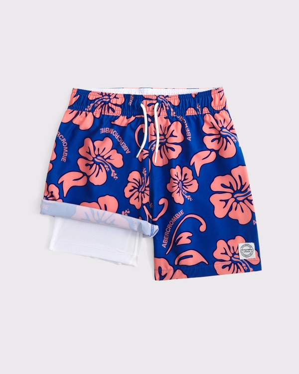 logo swim trunks, Blue Orange Hibiscus view 2