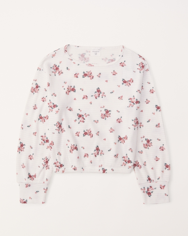 pattern long-sleeve waffle cinched hem tee, White Floral