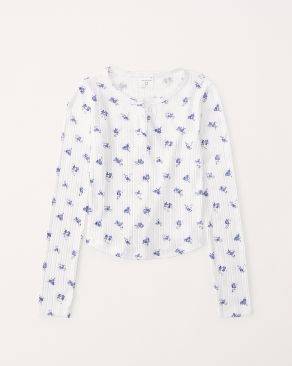 pattern long-sleeve pointelle henley tee, White Floral