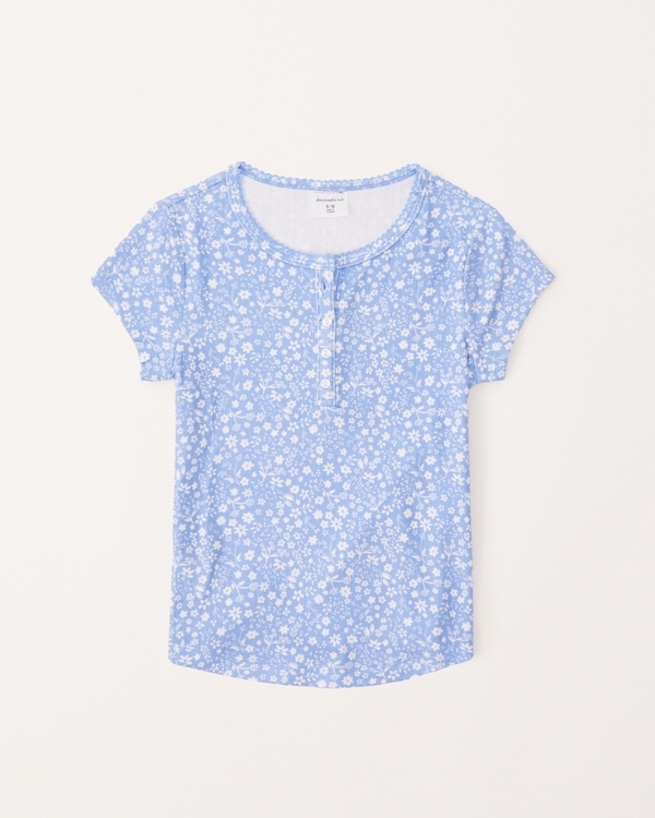 pattern pointelle henley tee, Blue Floral