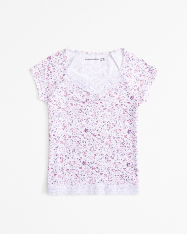 essential lace-trim cinched rib tee, White Floral