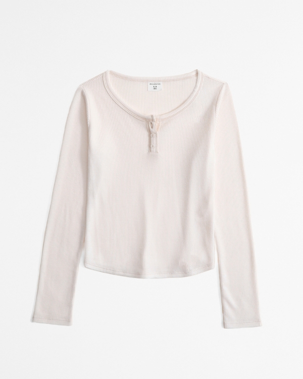 long-sleeve waffle henley tee, Cream