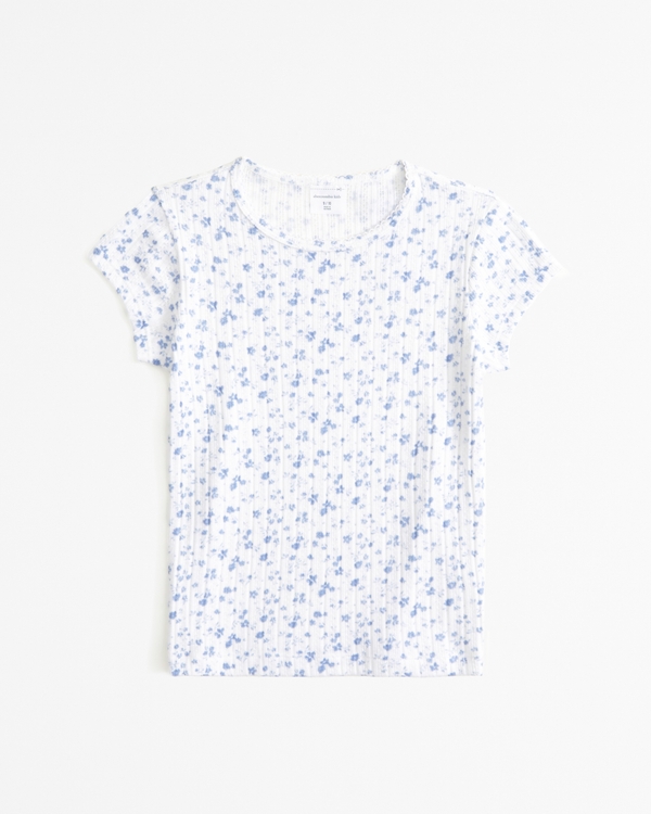 pattern pointelle baby tee, White And Blue Floral