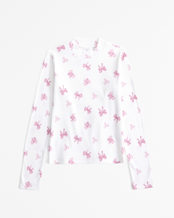 long-sleeve rib mockneck tee, White Pattern view 1