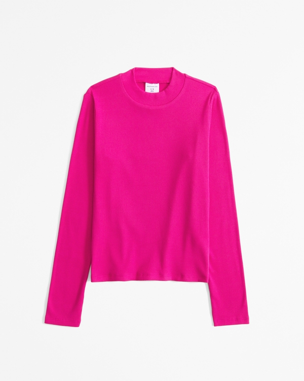 long-sleeve rib mockneck tee, Bold Pink view 1