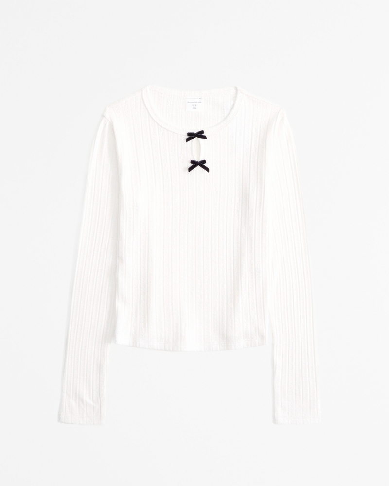 long-sleeve pointelle bow tee