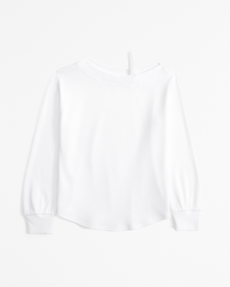 long-sleeve off-the-shoulder knit waffle tee