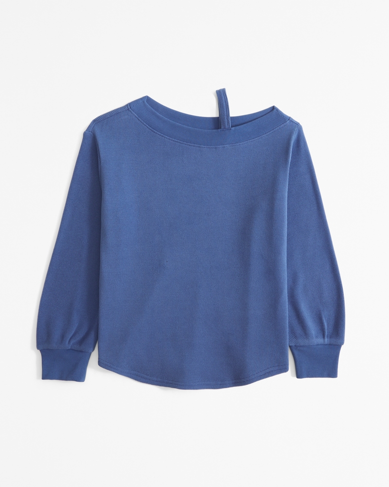 long-sleeve off-the-shoulder knit waffle tee