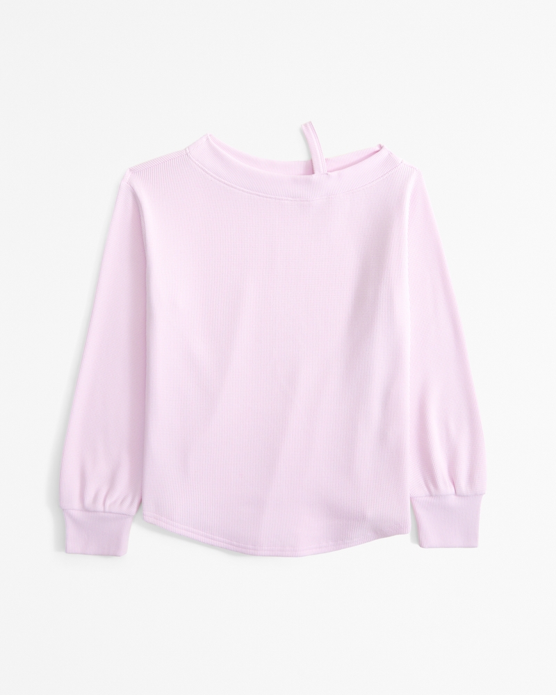 long-sleeve off-the-shoulder knit waffle tee