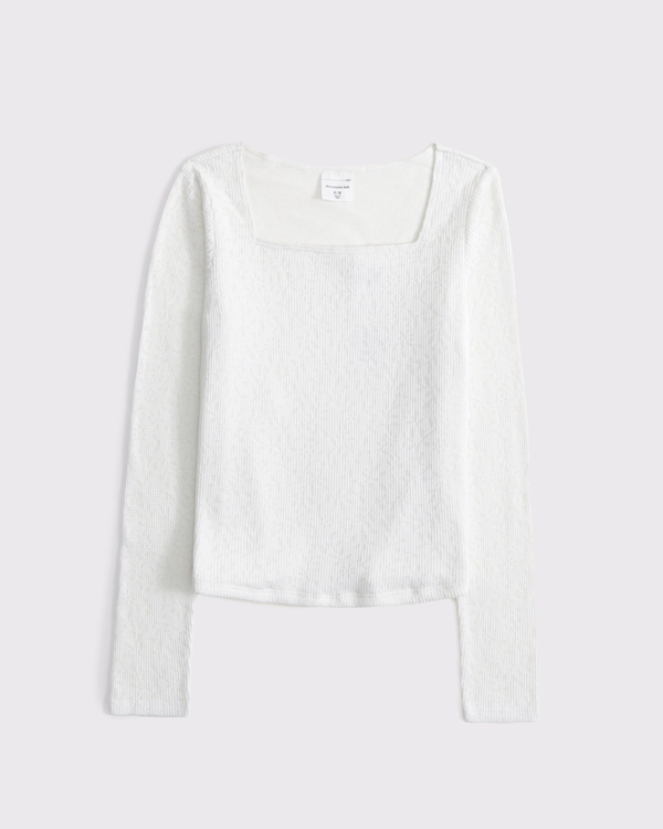long-sleeve lace squareneck tee, Cream view 1