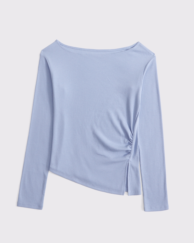 long-sleeve off-the-shoulder asymmetrical rib tee