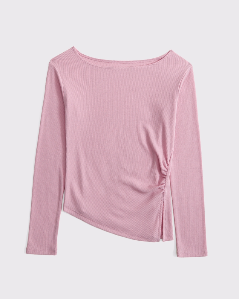 long-sleeve off-the-shoulder asymmetrical rib tee