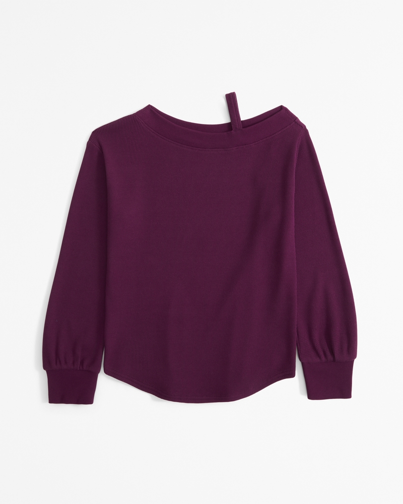 long-sleeve off-the-shoulder knit waffle tee