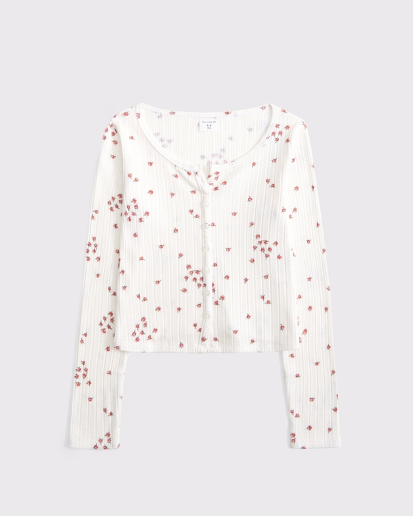 long-sleeve button-through tee, Cream Floral view 1