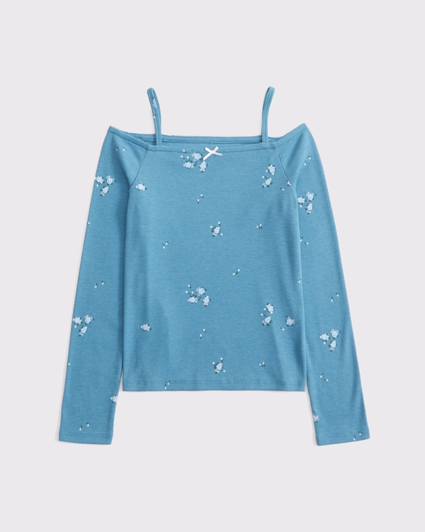 off-the-shoulder long-sleeve bow tee, Teal Blue Floral view 1