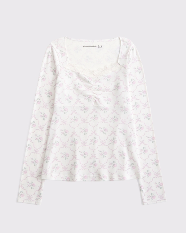 long-sleeve lace-trim babydoll top, Pink Pattern view 1