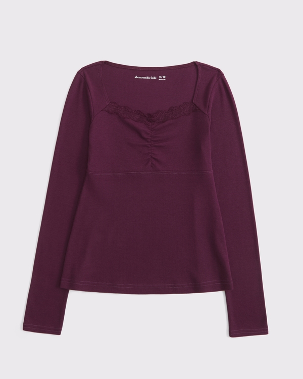 long-sleeve lace-trim babydoll top, Deep Plum view 1
