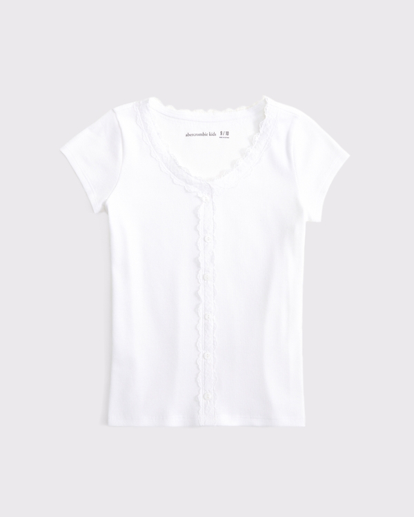 lace-trim button-through tee, White view 1