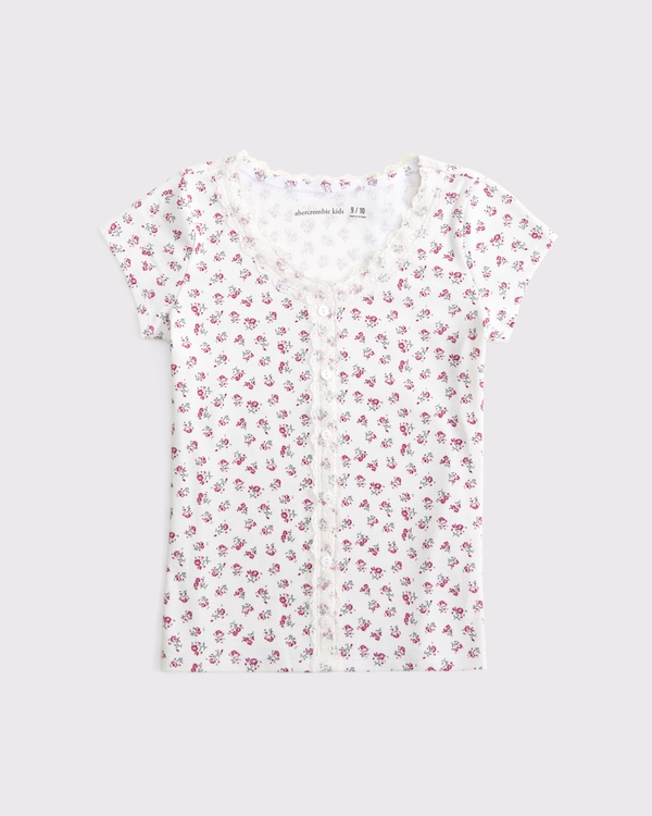 lace-trim button-through tee, White Floral view 1
