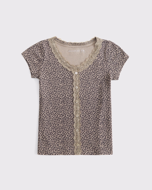 lace-trim button-through tee, Brown Pattern view 1