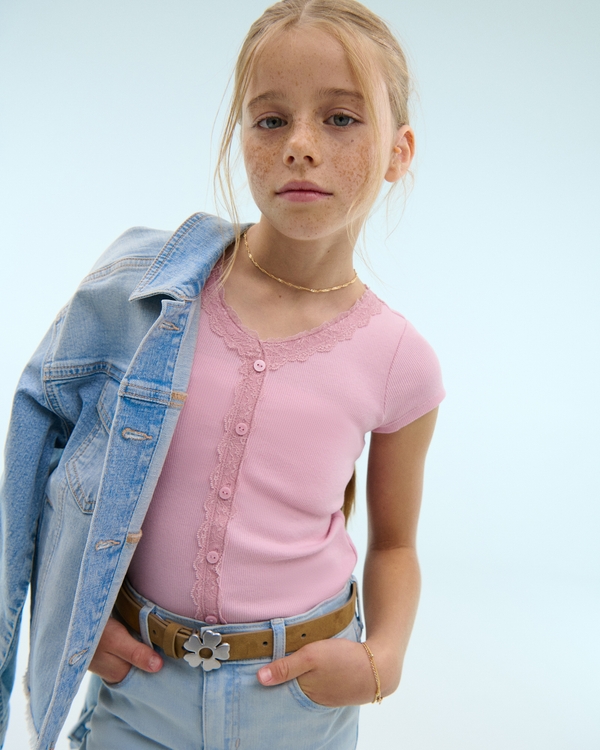 lace-trim button-through tee, Peony view 1