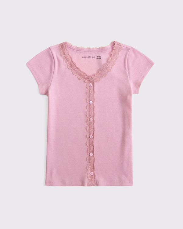 lace-trim button-through tee, Peony view 2