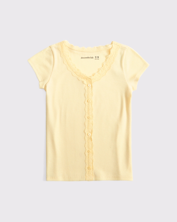 lace-trim button-through tee, Yellow view 1