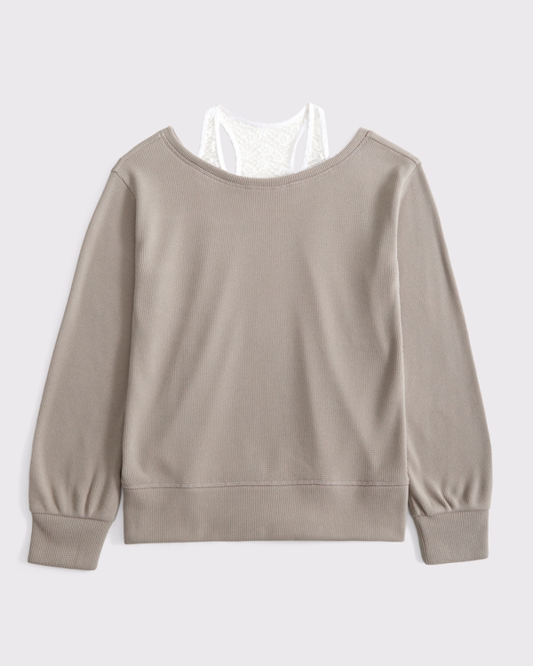 legging-friendly waffle twofer top, Taupe view 1