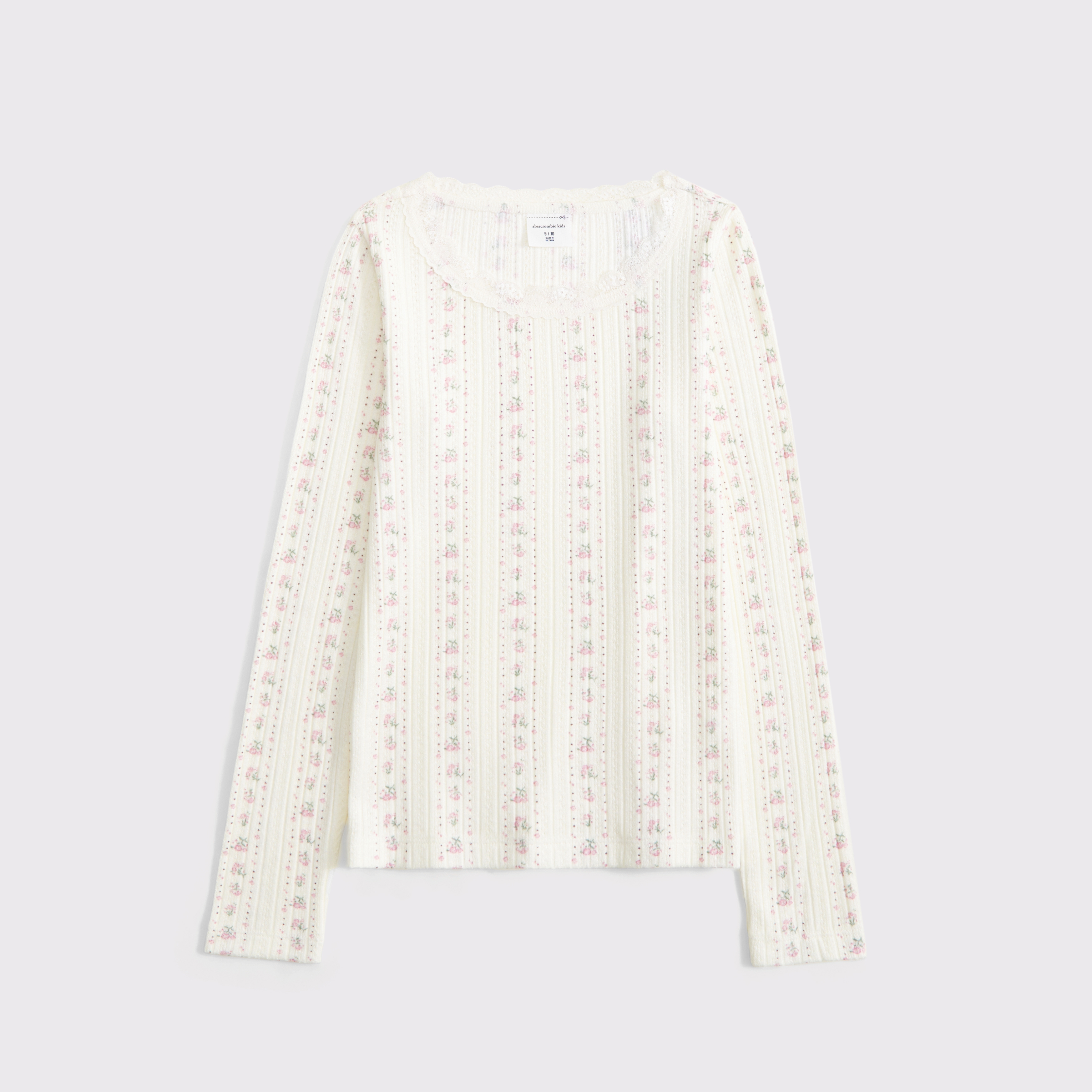 Abercrombie & Fitch Kids' Long-sleeve Pointelle Lace-trim Top In White