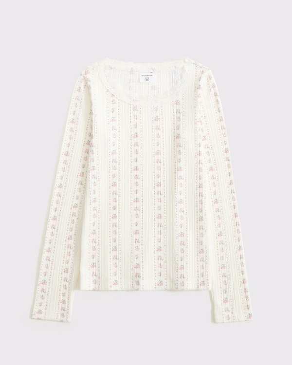 long-sleeve lace-trim scoopneck tee, Cream Floral view 1