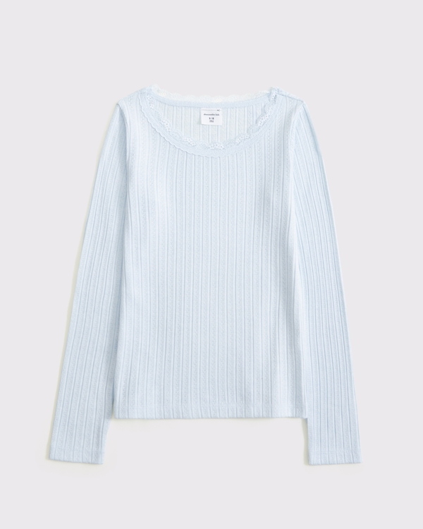 long-sleeve lace-trim scoopneck tee, Ballet Blue view 1