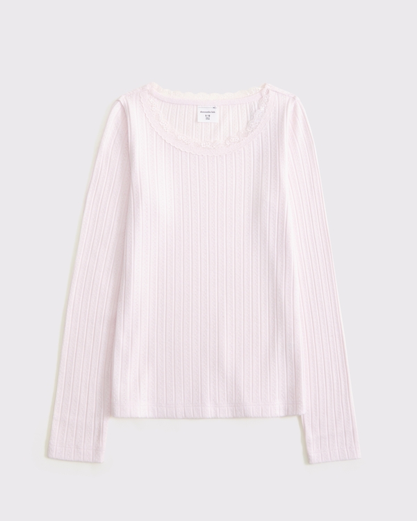 long-sleeve lace-trim scoopneck tee, Light Pink view 1