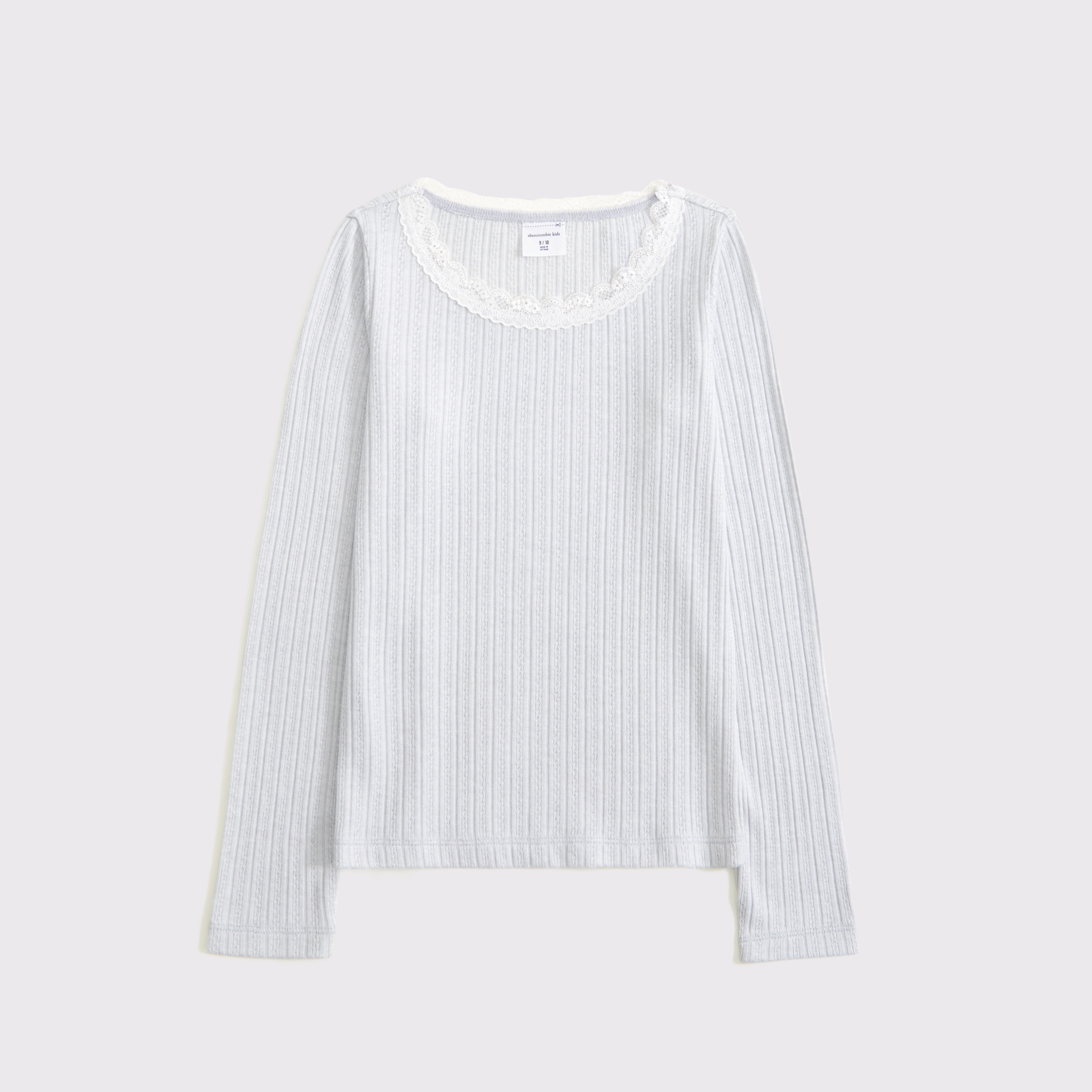 Abercrombie & Fitch Kids' Long-sleeve Pointelle Lace-trim Top In Gray