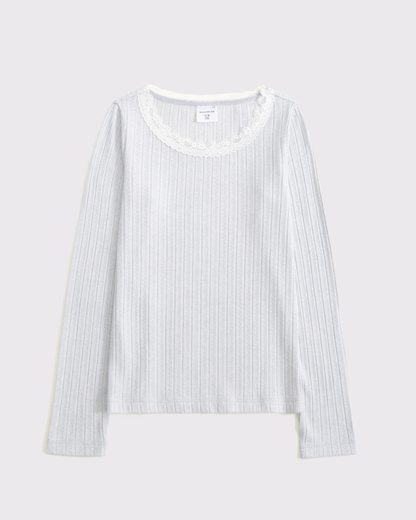 long-sleeve lace-trim scoopneck tee, Light Gray view 1