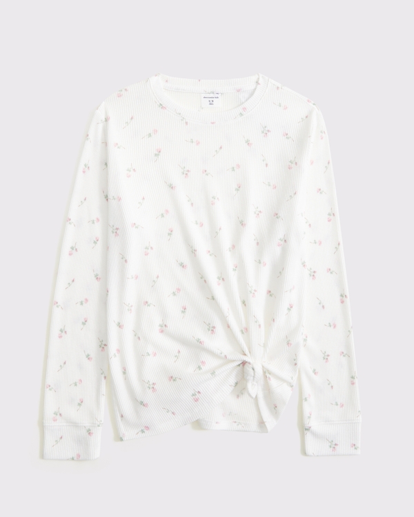 long-sleeve knot-front waffle tee, White Floral view 1