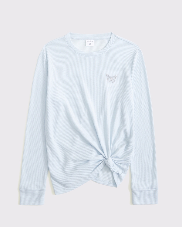 long-sleeve knot-front waffle tee, Ballet Blue view 1