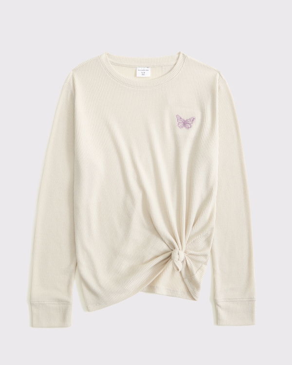 long-sleeve knot-front waffle tee, Oatmeal view 1