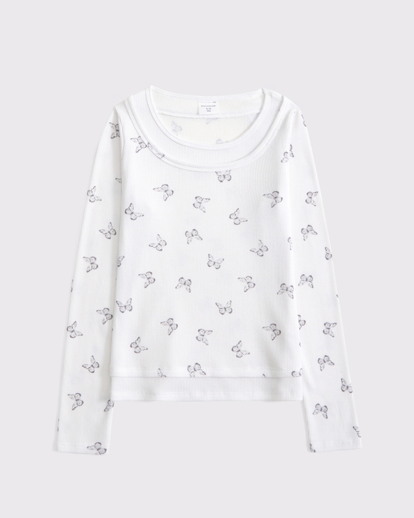 long-sleeve double-layered knit tee, White Pattern view 1