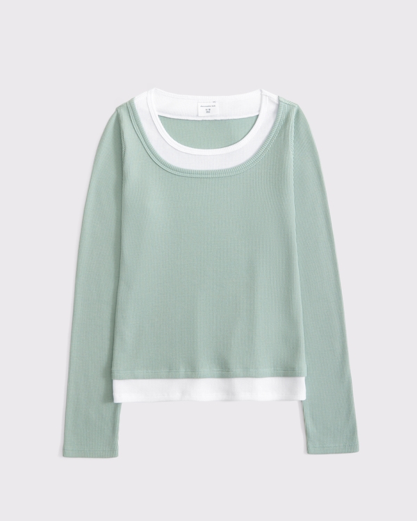 long-sleeve double-layered knit tee, Sage Green view 1
