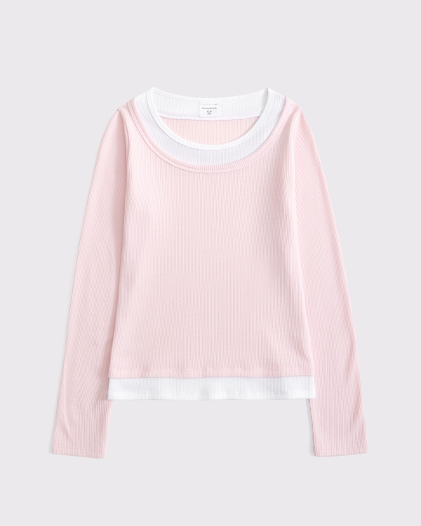 long-sleeve double-layered knit tee, Light Pink view 1