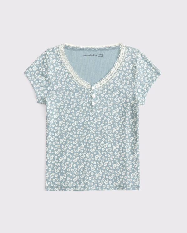 lace-trim henley tee, Green Floral view 1