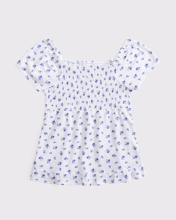short-sleeve babydoll top, White And Blue Floral view 1
