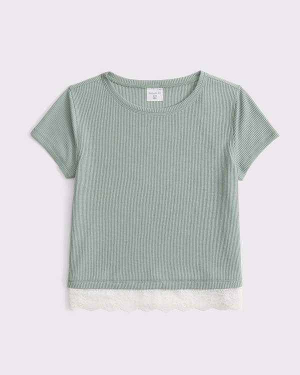 lace-trim waffle tee, Cool Sage view 1