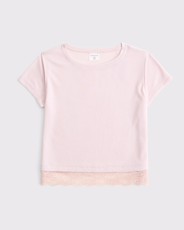 lace-trim waffle tee, Light Pink view 1