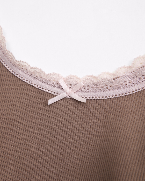 Top con fiocco e bordo in pizzo, Marrone Medio view 2