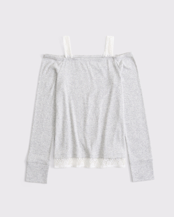 long-sleeve off-the-shoulder lace-trim twofer, Light Gray view 2