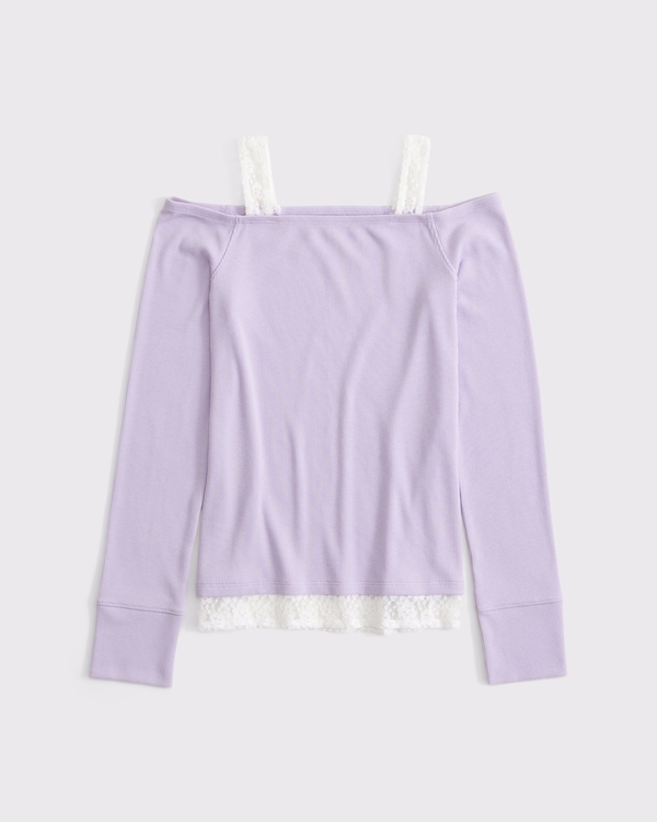long-sleeve off-the-shoulder lace-trim twofer, Lavender Haze view 1