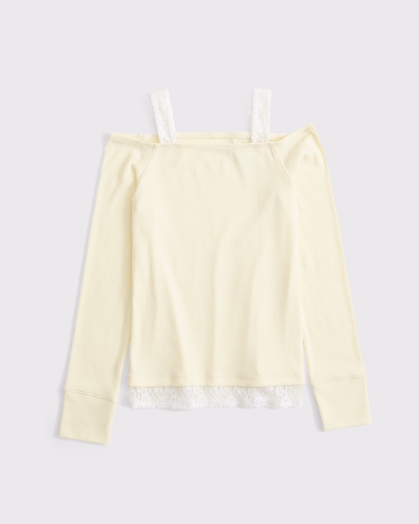long-sleeve off-the-shoulder lace-trim twofer, Light Yellow view 1